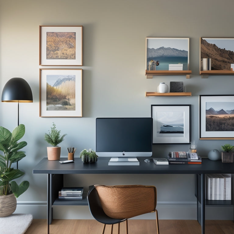 A tidy, modern home office with a sleek Mac laptop on a clutter-free desk, surrounded by a labeled file organizer, a matching desk calendar, and a minimalist wall shelf with a few favorite books.