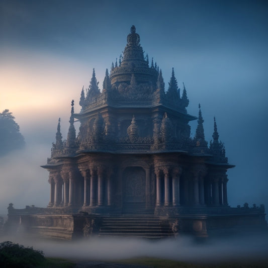A mystical, ancient temple with intricate carvings of gears, circuits, and cloud formations, shrouded in mist, with a subtle glow emanating from within, hinting at hidden secrets and mysteries.