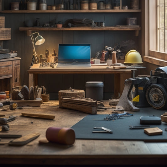 An illustration of a skilled artisan's workshop, with a wooden workbench cluttered with various e-commerce tools, a laptop open to a WooCommerce dashboard, and a half-crafted product prototype in the center.