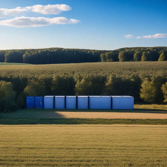 A serene rural landscape in Louisa County with three varying sizes of secure storage containers placed in a row, surrounded by lush greenery and a clear blue sky.