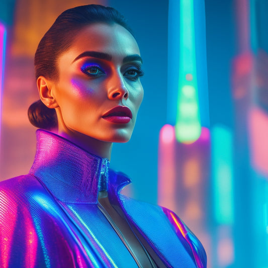 A futuristic, neon-lit cityscape with sleek, modern skyscrapers and a giant, glowing catwalk in the center, lined with diverse models showcasing trendy outfits and accessories.