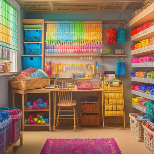 A tidy, well-lit craft room with a rainbow of ribbons neatly wound around wooden dowels on a pegboard, surrounded by baskets and bins labeled with colorful tabs.