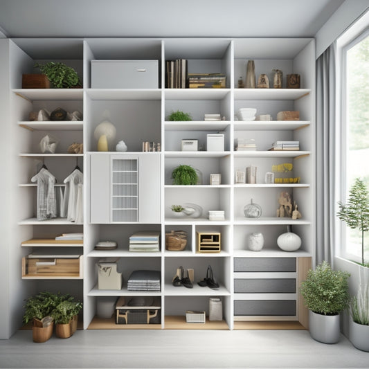 A 3D rendering of a modern, minimalist home with various storage solutions (e.g., floor-to-ceiling shelves, hidden cabinets, and retractable storage units) integrated into the design, with a subtle grid overlay.
