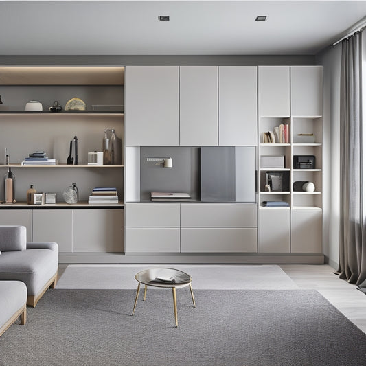A minimalist, modern living room with a sleek, wall-to-wall shelving system, incorporating hidden compartments, pull-out drawers, and a Murphy bed, showcasing optimal storage in a compact space.