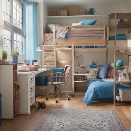 A tidy dorm room with a lofted bed, under-bed storage bins, a three-tiered shelf with baskets, and a desk with a stackable drawer organizer and a clutter-free surface.