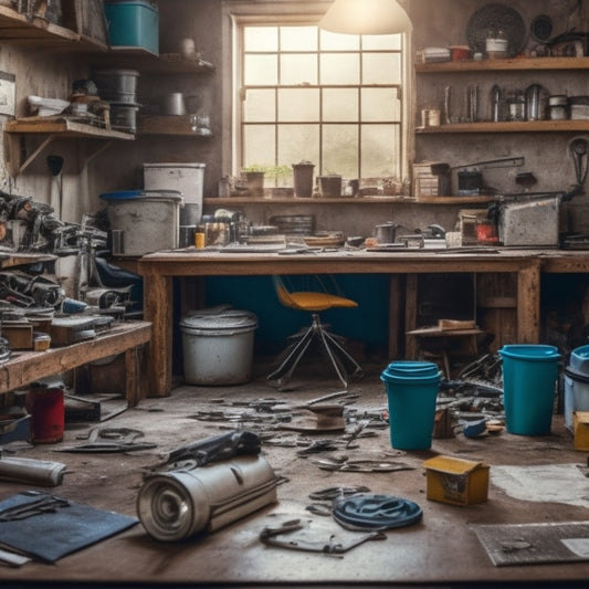 A cluttered garage workspace with tools and car parts scattered around a central, open BMW hood, surrounded by torn-out repair manual pages and coffee cups.