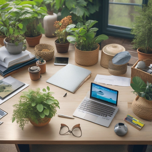 A cluttered desk with scattered papers, pens, and electronics, transformed into an organized space with a clean laptop, a tidy notebook, and a few neatly arranged colorful folders, surrounded by calming greenery.
