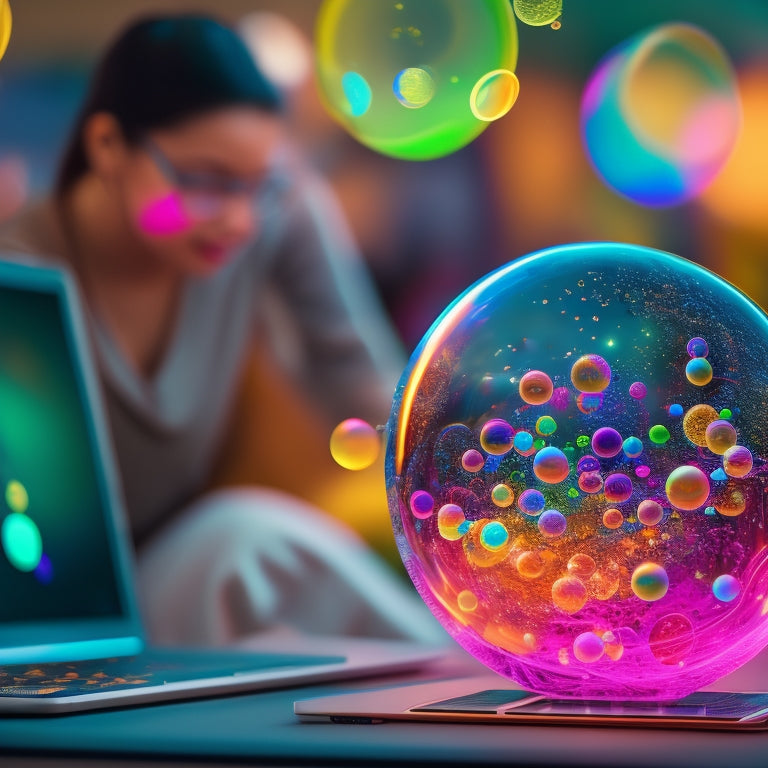 A vibrant, interconnected web of colorful bubbles and swirling lines, radiating from a central hub, surrounded by diverse, collaborative learners of all ages, with laptops and tablets open.