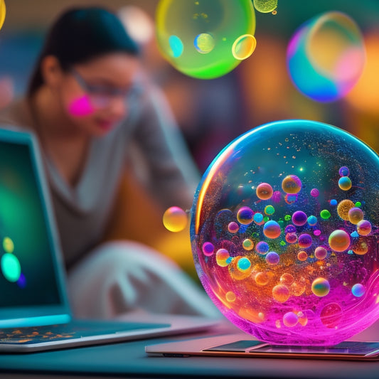 A vibrant, interconnected web of colorful bubbles and swirling lines, radiating from a central hub, surrounded by diverse, collaborative learners of all ages, with laptops and tablets open.
