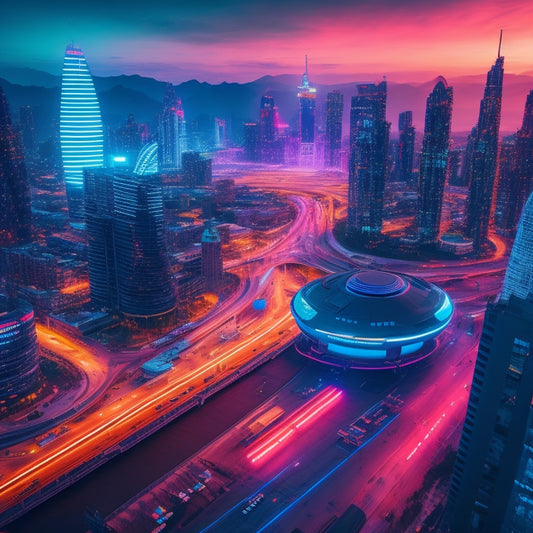 A futuristic cityscape at dusk, with sleek skyscrapers and neon-lit roads, featuring a massive, glowing battery installation in the foreground, surrounded by hovering drones and robotic maintenance arms.