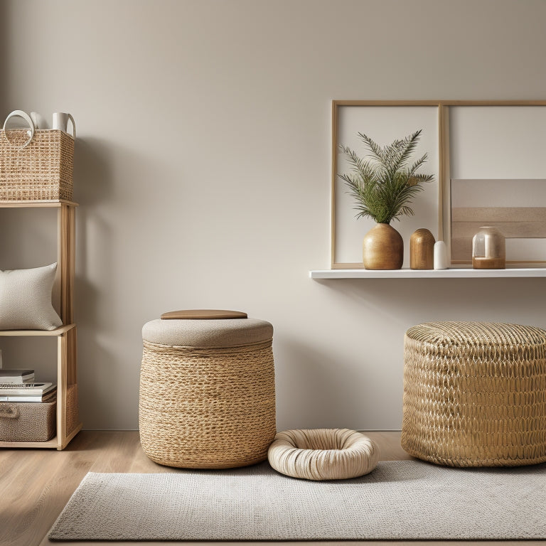 A serene, neutral-toned living room with a sleek, wall-mounted shelf system, a woven storage basket, and a minimalist wooden storage ottoman, surrounded by ample negative space.