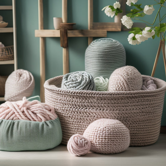 A serene, pastel-hued still life featuring a crocheted basket filled with neatly rolled yarn, surrounded by tastefully arranged storage bins, decorative vases, and a few artfully placed throw pillows.