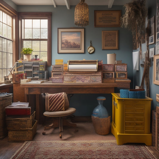 A warm, well-lit craft room with a vintage wooden table, surrounded by colorful art supplies, featuring a vintage printing press, rolls of paper, and a few finished artistic prints pinned to a corkboard.