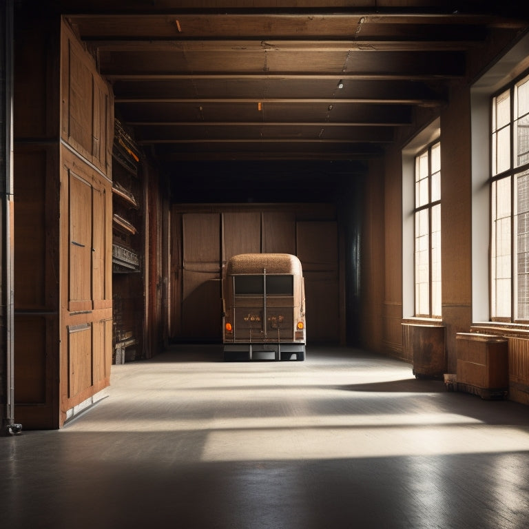 A parked 15-foot moving truck with an open rear door, showcasing a vast, empty interior with wooden floors and tall, vertical walls, illuminated by natural light pouring in from the outside.
