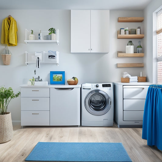 A bright, modern laundry room with a large touchscreen display on the wall, a smart washing machine, and a tidy shelf with a tablet and a few laundry supplies, surrounded by clean lines and minimal decor.