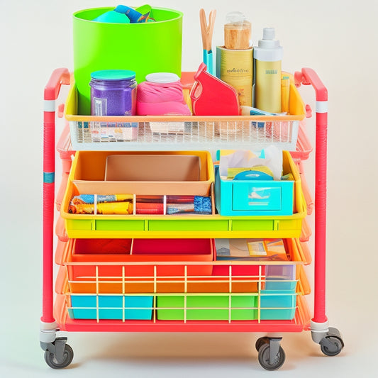 A tidy, three-tiered craft storage cart with wooden shelves and metal frame, holding colorful pens, scissors, rolls of paper, and small containers, set against a clean white background.