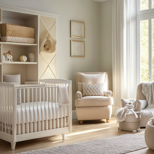 A serene, well-lit nursery with a plush, cream-colored area rug, a minimalist crib with a delicate, lace-trimmed canopy, and a floor-to-ceiling, pale gray bookshelf with woven baskets.