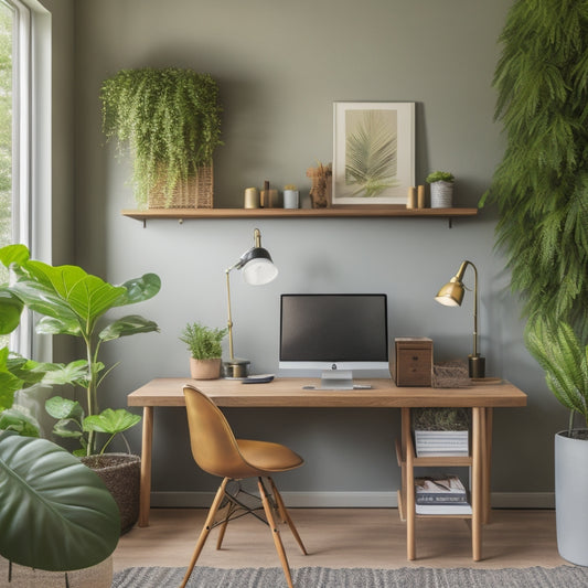 A serene and modern minimalist home office with a tidy desk, a few neatly labeled folders, and a sleek laptop, surrounded by a few lush green plants and a subtle wooden accent wall.
