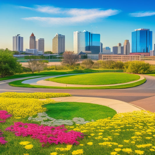 A sunny day in Irving, Texas, with a stylized illustration of interconnected circles in bright, bold colors, surrounded by subtle hints of the Dallas skyline and blooming wildflowers.
