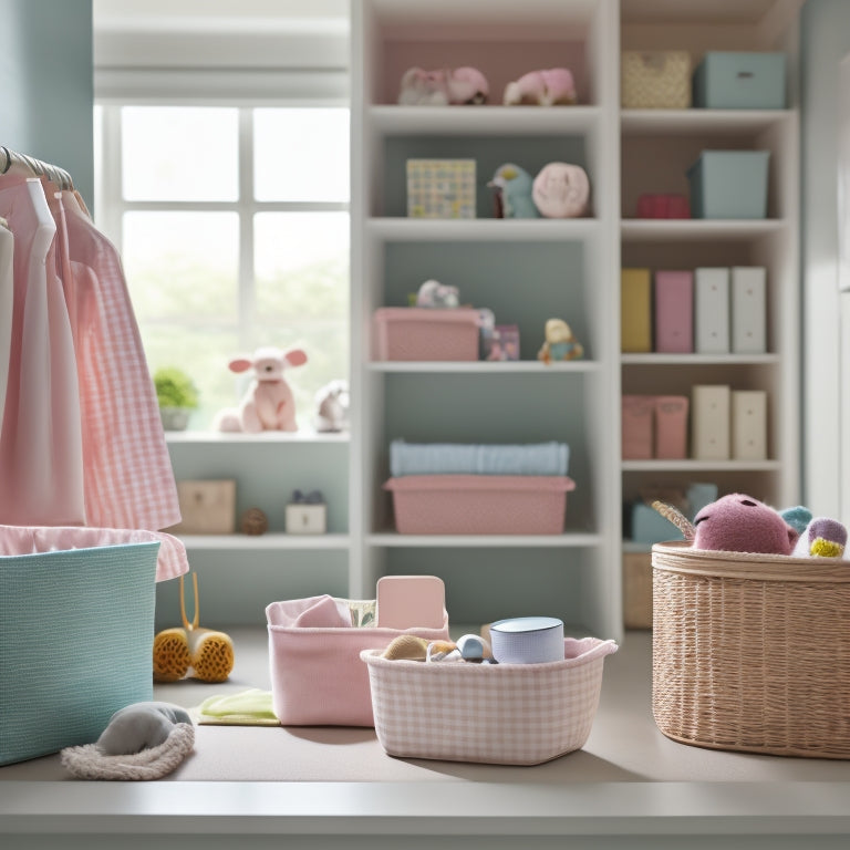 A serene nursery with 3-5 fabric-covered storage bins in pastel colors, adorned with ribbons and placed on a wooden shelf, amidst toys and books, with a soft, natural light filtering through.