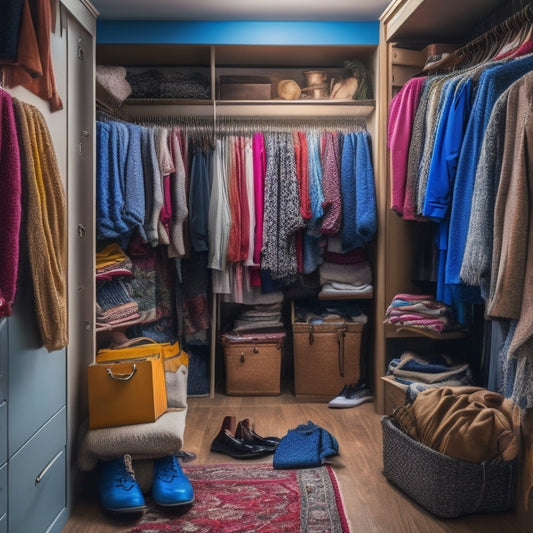 A cluttered closet interior with clothes spilling out of shelves, tangled hangers, and a jumbled mess of shoes, bags, and accessories on the floor, with a few garments hanging precariously from the door.