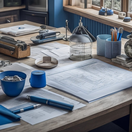 A clutter-free workspace with a portable blueprint organizer, holding rolled-up blueprints, surrounded by scattered papers, pens, and a partially built architectural model on a wooden desk.