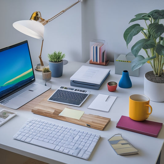 A minimalist, modern desk with a tidy workspace, featuring a laptop, a small potted plant, and a set of colorful, blank labels and stickers, surrounded by a few neatly arranged office supplies.