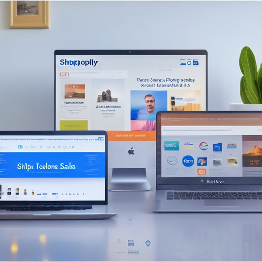 An illustration of a laptop screen displaying a split-screen comparison of various digital sales platforms, with icons and logos of popular platforms like Shopify, Amazon, and eBay.