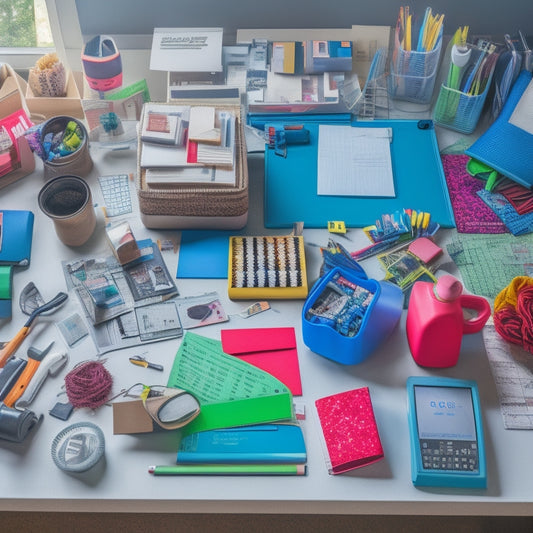 A cluttered home office desk with a few select, color-coded tools and organizers, such as a planner, bins, and a label maker, scattered among the chaos, with a subtle hint of organization emerging.