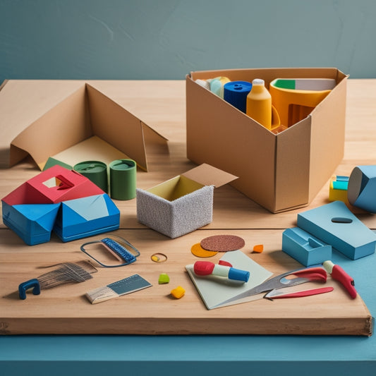 A colorful, partially assembled storage box with various shapes and sizes of cardboard pieces, scissors, glue, and a ruler scattered around it, set against a clean, light-wooden background.