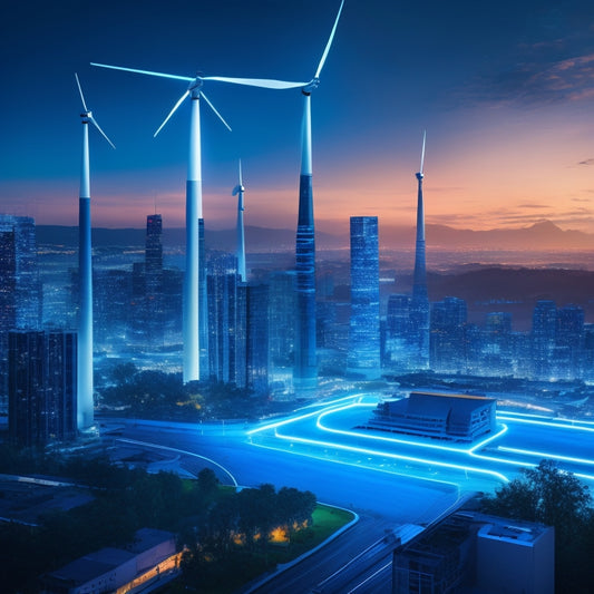 A futuristic, sleek, and modern illustration of a cityscape at dusk, with glowing blue energy lines connecting sleek, compact, and cylindrical energy storage units to a network of efficient wind turbines and solar panels.