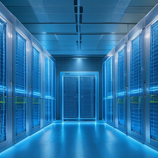 A futuristic data center with sleek, silver storage units illuminated by soft blue lights, surrounded by fiber optic cables and humming with quiet efficiency, set against a dark, gradient background.