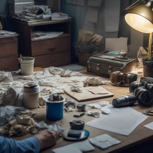 A cluttered desk with a frustrated person in the background, surrounded by crumpled papers, a jammed printer, and tangled cables, with a magnifying glass and a toolbox nearby.