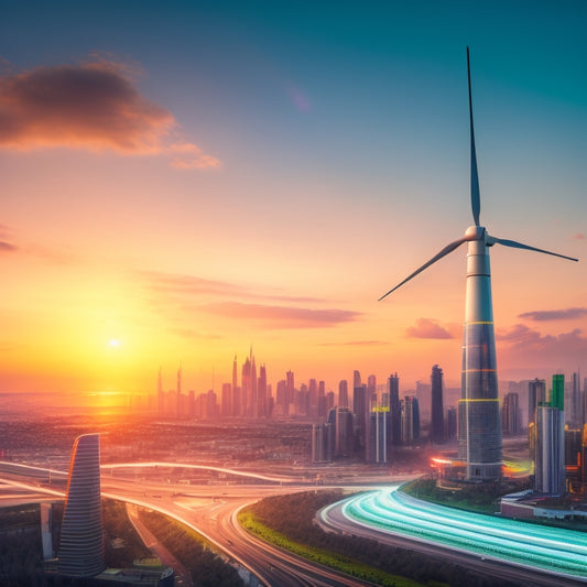 A futuristic illustration of a cityscape at sunset, with sleek, modern high-rise buildings and a prominent wind farm in the distance, featuring a large, glowing battery icon at the forefront.
