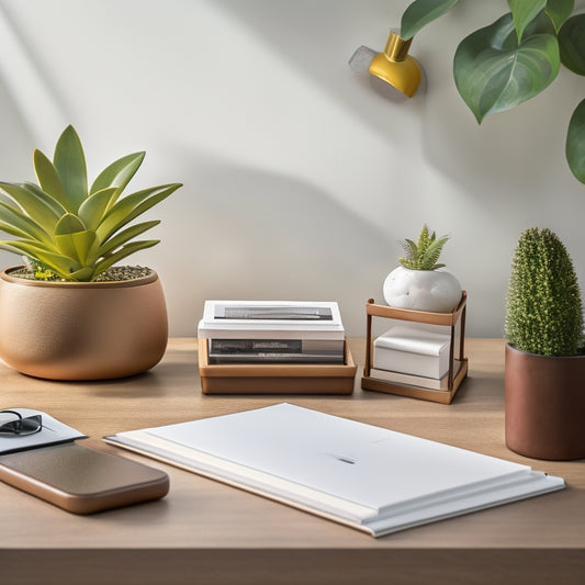 A tidy, modern desk with a wooden organizer, containing labeled folders, and a sleek paper tray, surrounded by a few pens, a paperweight, and a small, potted plant, against a soft, beige background.