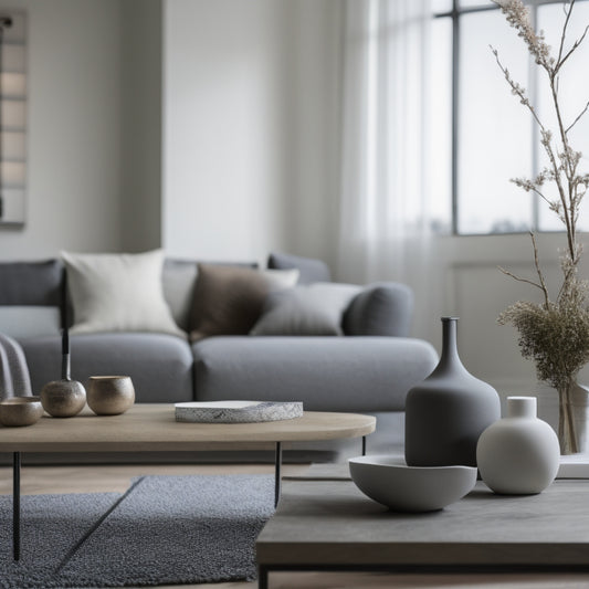 A serene, minimalist living room with a few, carefully selected objects, including a single, elegant vase on a clutter-free coffee table, surrounded by plenty of negative space.