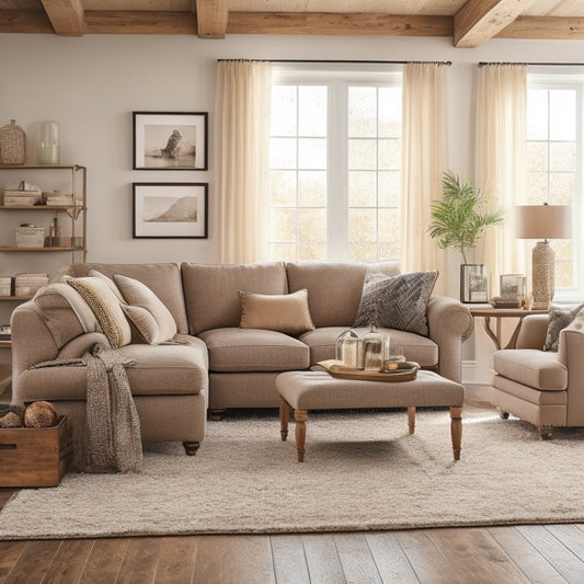 A cozy living room with a plush sectional sofa, a reclaimed wood coffee table, and a storage ottoman with a lift-top and tufted upholstery in a neutral beige color.