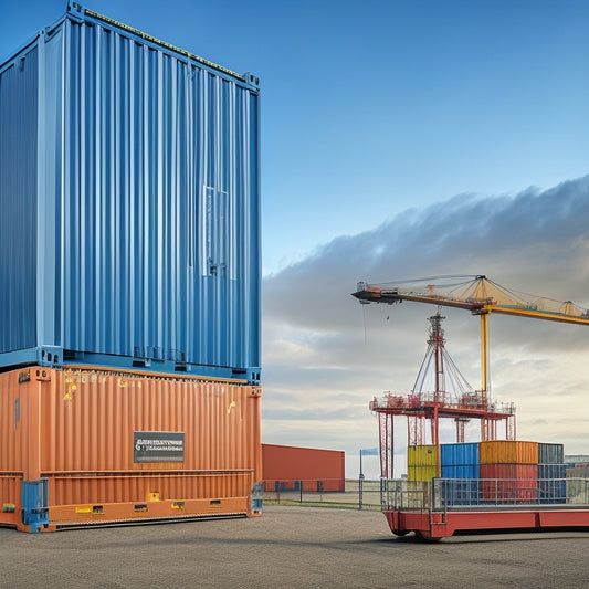 A symmetrical composition featuring a large, silver shipping container with open doors, surrounded by smaller, colorful containers of varying sizes, with cranes and pulleys in the background.