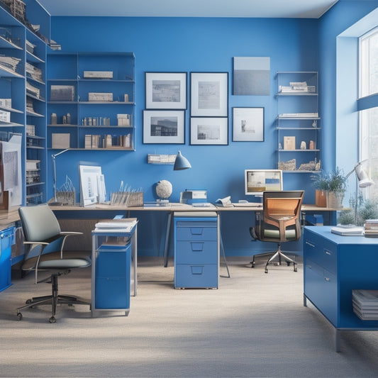 A tidy, modern office with a wall of neatly organized blueprint storage cubbies, adjacent to a workstation with a drafting table, ergonomic chair, and a few carefully laid-out design projects.