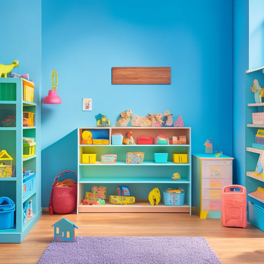 A bright, clutter-free playroom with a sturdy, wooden cubby storage unit against a pastel-blue wall, filled with neatly stacked, colorful toys and bins, surrounded by a few scattered play blocks.