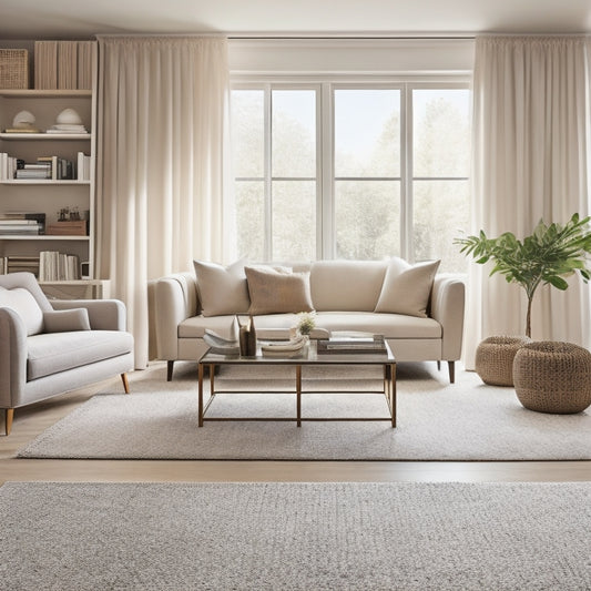 A serene and organized living room with a sleek, minimalist coffee table featuring built-in storage drawers, surrounded by a plush area rug and floor-to-ceiling curtains in a calming neutral tone.