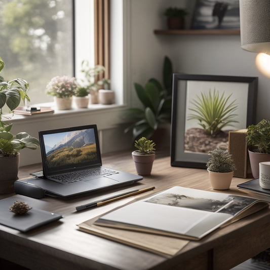 A tidy desk with a laptop, a few neatly labeled folders, a small photo album, and a single framed print, surrounded by soft, natural light and a few potted plants.