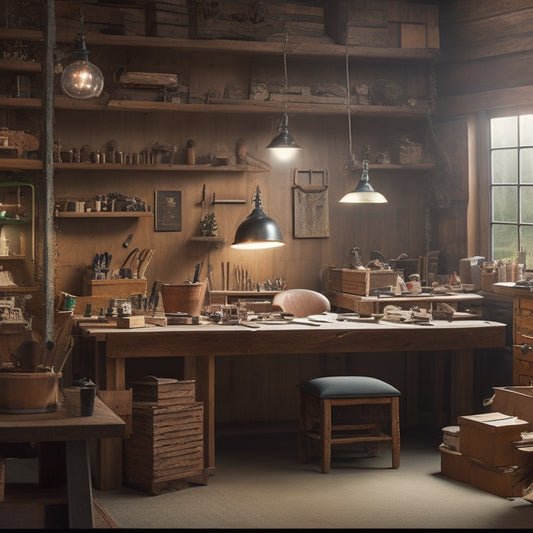 A rustic, well-lit woodworking studio with a workbench cluttered with half-finished projects, surrounded by shelves of polished wooden products, with a laptop and business books in the corner.