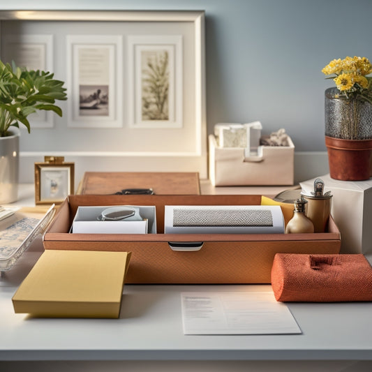 A tidy, white, wooden drawer with multiple paper boxes in varying sizes, each containing neatly categorized papers and office supplies, surrounded by a few decorative items like a small vase and a framed photo.