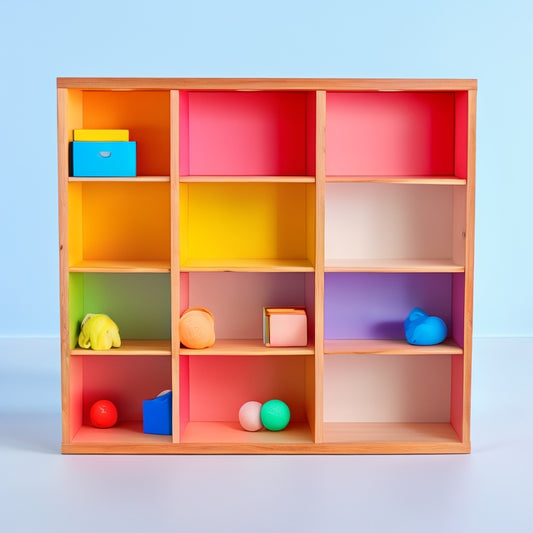 A colorful, intricately designed wooden cubby storage toy organizer, with 6-8 cubbies of varying sizes, filled with toys and books, set against a bright, white background with subtle wood grain texture.