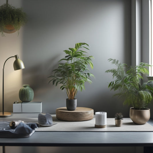 A serene, well-lit room with a minimalist aesthetic, featuring a tidy desk with a few, thoughtfully arranged decorative items and a single, potted plant, surrounded by ample negative space.