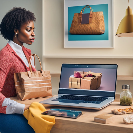 An illustration of a person standing in front of a laptop with a VirtueMart dashboard open, surrounded by shopping bags, products, and a subtle e-commerce background with a subtle grid pattern.