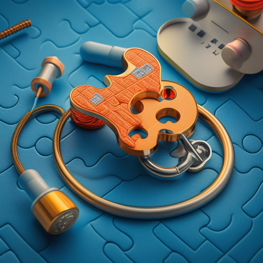 An illustration of a stethoscope wrapped around a puzzle piece, fitting perfectly into a larger puzzle of interconnected healthcare icons, with subtle gears and circuits in the background, symbolizing efficiency and customization.