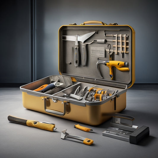 A compact, metallic toolbox with a sturdy handle, opened to reveal a neatly organized interior with various tools, including a hammer, pliers, screwdrivers, and a tape measure, against a clean, gray background.