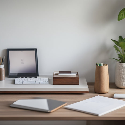A serene, minimalist workspace with a sleek, wooden desk, a few, carefully-placed, colorful file folders, a single, elegant pen holder, and a subtle, natural background.
